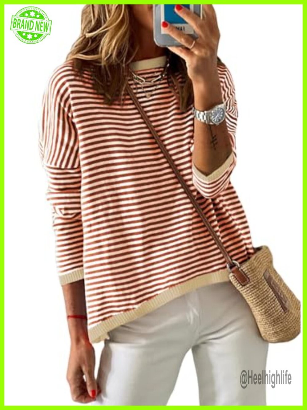 Dokotoo Women's Long Sleeve Striped Sweater Crewneck High Low Pullover Top